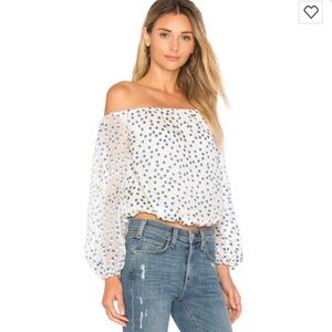 Lovers + Friends Oh Girl Off The Shoulder Sheer Sleeve Blouse Small Polka Dot